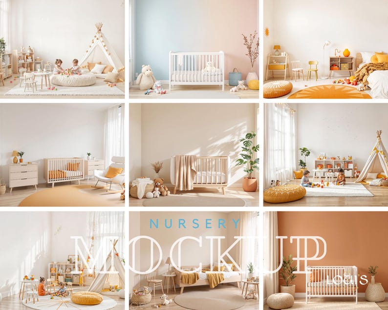 May include: A nursery room mockup with a white crib, a teepee tent, a yellow rug, and a variety of other furniture and decor. The room is decorated in a modern, minimalist style with a neutral color palette.