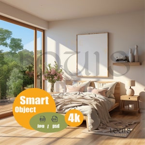Maqueta de marco de dormitorio, maqueta de marco de madera para dormitorio con decoración moderna, maqueta de póster de interior bohemio, maqueta de impresión, maqueta PSD de arte mural