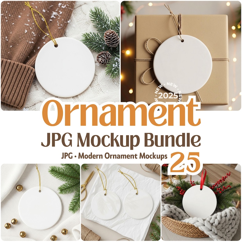 May include: A mockup bundle of 25 round white ceramic ornaments with gold string, displayed with holiday decor. The text "Ornament JPG Mockup Bundle" is in the center. The ornaments are shown on a sweater, gift box, and other festive settings.