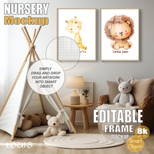 Ein bearbeitbares Kinderzimmer Rahmenmodell | DIN A Ratio | Kinderzimmer Rahmen Mockup | Kinderzimmer gerahmte Kunst | Minimales Mockup | 2 Bilderrahmen Mockup