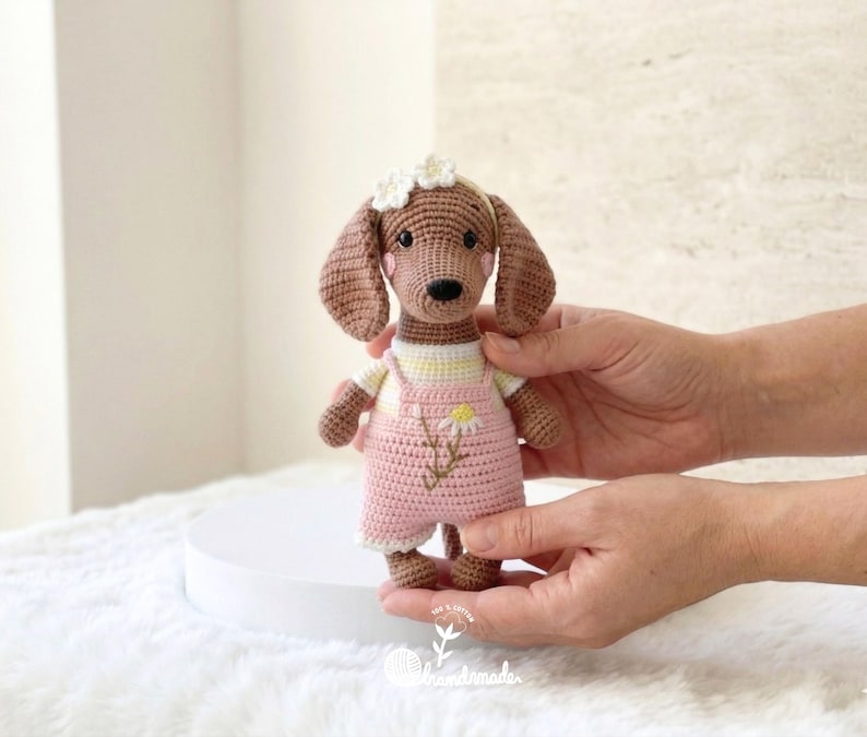 Hand Crochet Dachshund Doll, Amigurumi Wiener Dog Plush, Cotton Yarn Stuffed Animal, Nursery Decor image 5