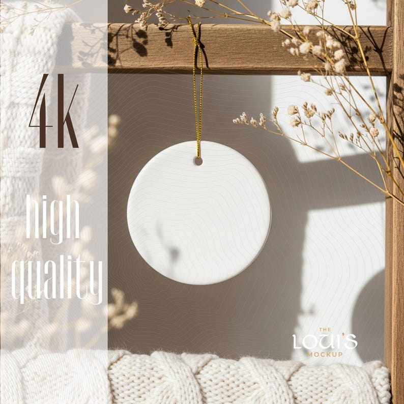 May include: A white, round ceramic ornament with a gold string, hanging against a wooden frame. The ornament has a subtle wood grain pattern. The words "4K high quality" are visible in the image.