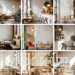 May include: A collage of images showcasing a modern coffee shop interior with various seating arrangements, including tables and chairs, a bar counter, and a bench. The shop features a white and brick wall, wooden floors, and greenery.