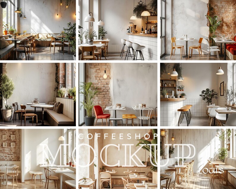 May include: A collage of images showcasing a modern coffee shop interior with various seating arrangements, including tables and chairs, a bar counter, and a bench. The shop features a white and brick wall, wooden floors, and greenery.