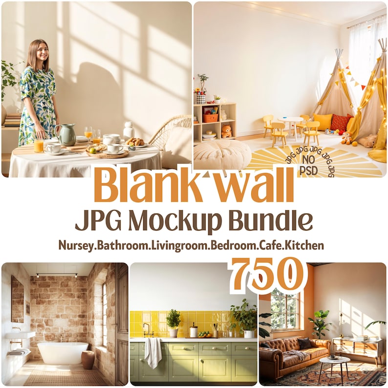 750 High Quality Blank Wall Mockup, Wall Art Mockup Kit, Empty Wall Mockup Bundle, JPG, Nursery LivingRoom BedRoom Cafe Kitchen, NO PSD image 1