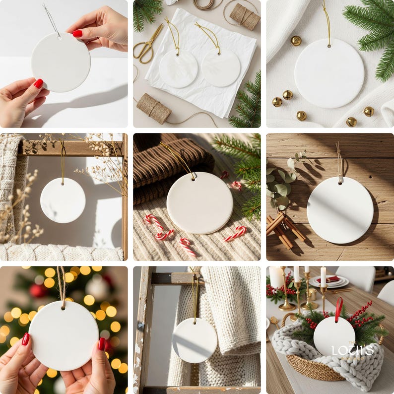 May include: A collection of white, round ceramic ornaments with a hole at the top for hanging. Each ornament is displayed with a gold string. The ornaments are shown in various settings, including with Christmas decorations and cozy winter items.