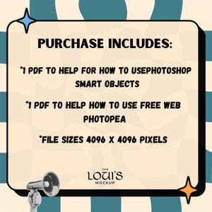 May include: A digital mockup product image with a retro design. The text "PURCHASE INCLUDES: *1 PDF TO HELP FOR HOW TO USE PHOTOSHOP SMART OBJECTS *1 PDF TO HELP HOW TO USE FREE WEB PHOTOPEA *FILE SIZES 4096 X 4096 PIXELS" is displayed. The Loui's Mockup logo is at the bottom.