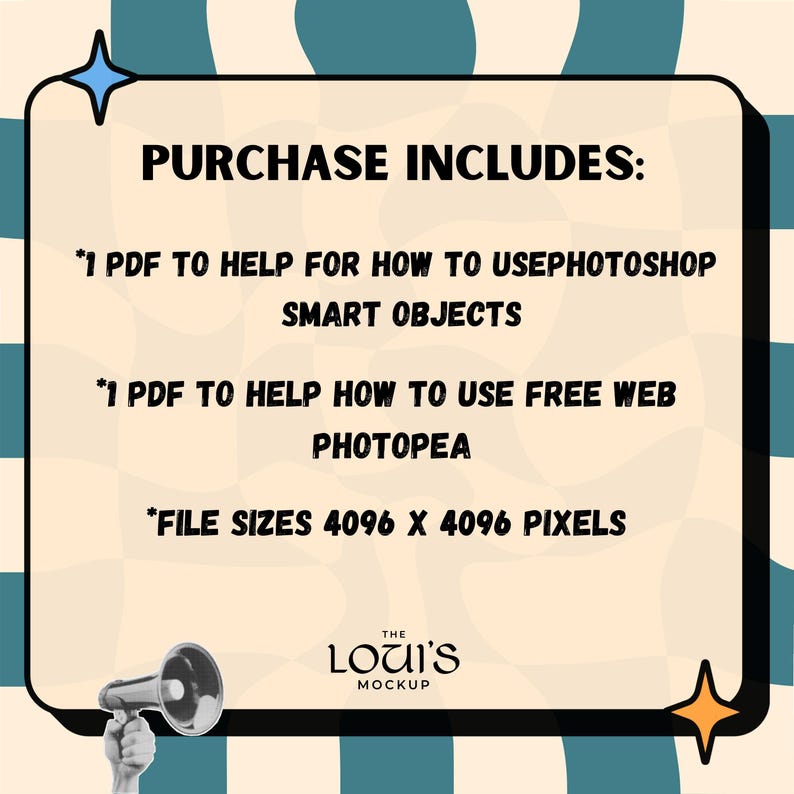 May include: A digital mockup product image with a retro design. The text "PURCHASE INCLUDES: *1 PDF TO HELP FOR HOW TO USE PHOTOSHOP SMART OBJECTS *1 PDF TO HELP HOW TO USE FREE WEB PHOTOPEA *FILE SIZES 4096 X 4096 PIXELS" is displayed. The Loui's Mockup logo is at the bottom.