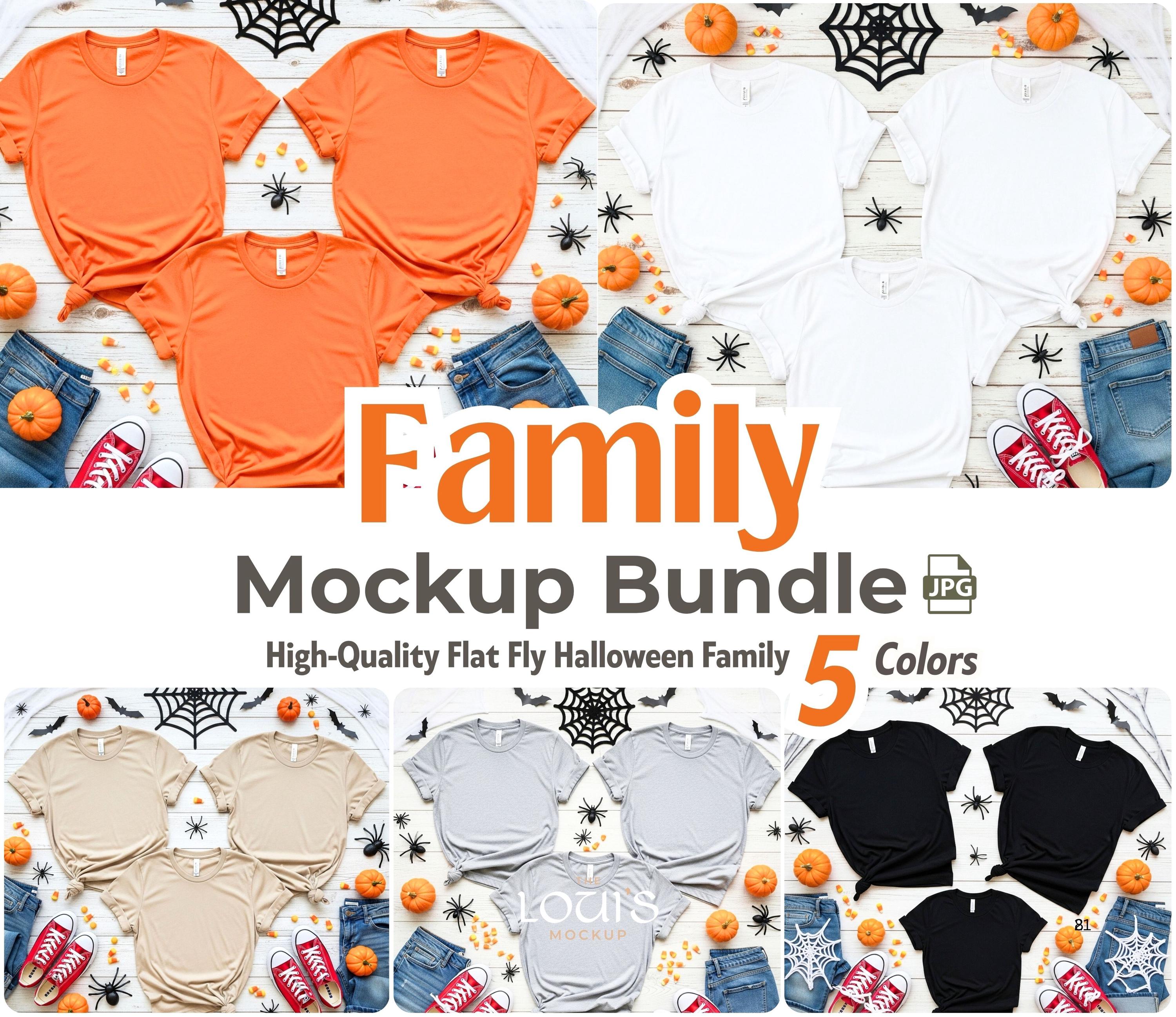 Family Shirt Mockup Bundle | 5 Colors Flatlay Halloween Family Tee Set | High-Quality JPG | Matching Group T-Shirt Mockups for Etsy