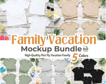 Family Vacation Shirt Mockup Bundle | 5 Color Flatlay Family Tee Set | Beach Trip Matching T-Shirt JPG | Group Travel Mockups for Etsy