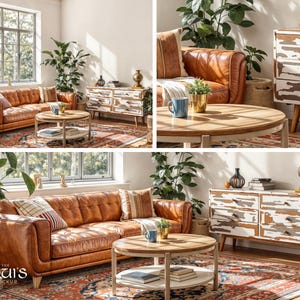 May include: A living room with two brown leather sofas, a wooden coffee table, and a white distressed dresser with six drawers. The room has a large window with a view of trees and a rug on the floor.
