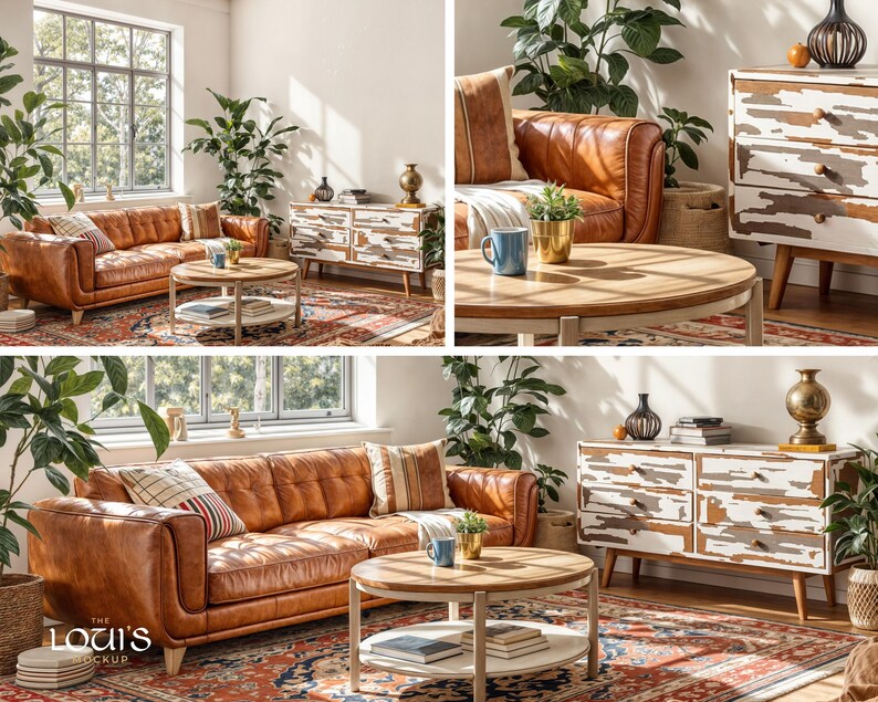 May include: A living room with two brown leather sofas, a wooden coffee table, and a white distressed dresser with six drawers. The room has a large window with a view of trees and a rug on the floor.