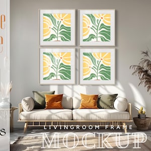 Square Editable Frame Mockup Photoshop, 1x1 Frame Mockup Mid-Century Interior Scene, Square photo frame mockup, Wood square frame
