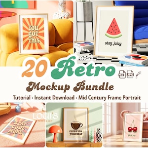 Paquete de 20 maquetas de marcos retro, escenas de arte mural de mediados de siglo en formato PSD y JPG, maqueta de póster colorido para exhibición en Canva y maqueta de retrato con marco.