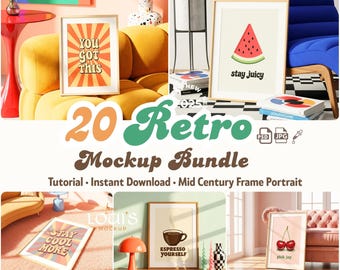 20種類のレトロフレームモックアップバンドル | ミッドセンチュリーウォールアートPSD＆JPGシーン | Canvaディスプレイ用カラフルポスターモックアップ、フレームポートレートモックアップパック