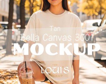 Bella Canvas 3001 Tan Mockup | Oversized Unisex Tee | Modern Fall City Shirt | Minimal Urban Lifestyle JPG