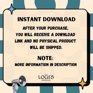 May include: A digital product announcement with a retro design. The text reads "INSTANT DOWNLOAD" and explains that a download link will be provided after purchase, with no physical product shipped. The Loui's Mockup logo is at the bottom.