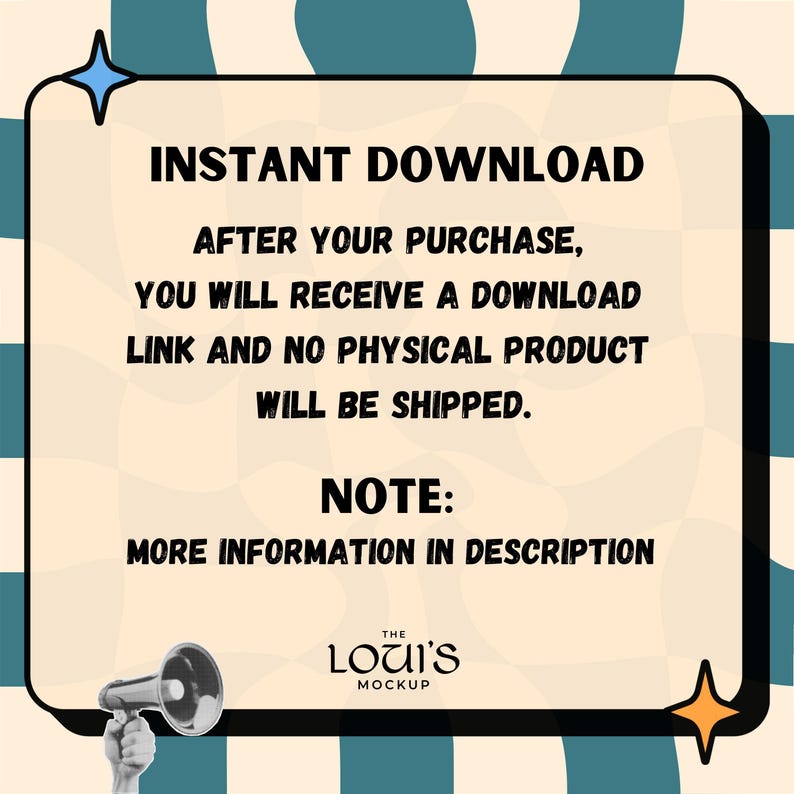 May include: A digital product announcement with a retro design. The text reads "INSTANT DOWNLOAD" and explains that a download link will be provided after purchase, with no physical product shipped. The Loui's Mockup logo is at the bottom.