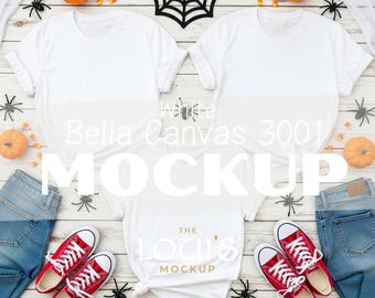 Halloween White Shirt Mockup | Bella Canvas 3001 Flatlay | Pumpkin Fall Tee JPG for Etsy Sellers | Printable Spooky T-Shirt Scene
