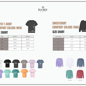 May include: Size charts for youth t-shirts and sweatshirts, including Comfort Colors 9018 and 1566. The youth t-shirt chart shows sizes from YS to YXL, with widths from 14 1/2 to 19 1/2 inches and lengths from 20 1/2 to 26 inches. The sweatshirt chart shows sizes from S to XL, with widths from 21 to 26 inches and lengths from 27 1/2 to 30 1/2 inches.
