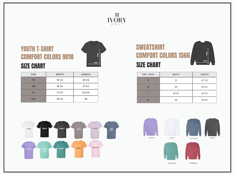 May include: Size charts for youth t-shirts and sweatshirts, including Comfort Colors 9018 and 1566. The youth t-shirt chart shows sizes from YS to YXL, with widths from 14 1/2 to 19 1/2 inches and lengths from 20 1/2 to 26 inches. The sweatshirt chart shows sizes from S to XL, with widths from 21 to 26 inches and lengths from 27 1/2 to 30 1/2 inches.