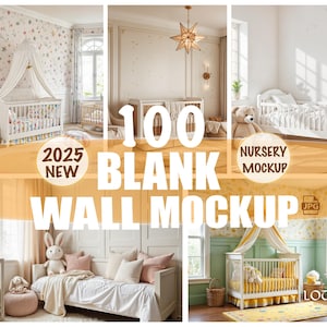 NUEVO 2025: 100 maquetas de pared en blanco para habitaciones de bebés/escenas de cunas de bebé en alta resolución en formato JPG para pósteres, vistas previas de arte e impresiones, paquete de maquetas