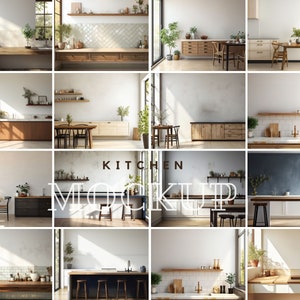 May include: A collage of 12 different kitchen mockups featuring various styles and layouts. Each mockup showcases a kitchen island, cabinets, countertops, and appliances. The kitchens are decorated with plants, wooden furniture, and natural light.