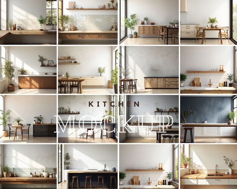 May include: A collage of 12 different kitchen mockups featuring various styles and layouts. Each mockup showcases a kitchen island, cabinets, countertops, and appliances. The kitchens are decorated with plants, wooden furniture, and natural light.