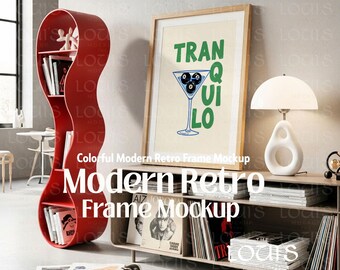 May include: A modern interior scene featuring a red, curved bookshelf, a framed print with the word "Tranquilo", and a white lamp. The print has a martini glass design. A wooden console holds vinyl records and books. The scene is well-lit.