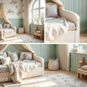 May include: A white daybed with a canopy and a white blanket. The daybed is in a room with green walls and a floral patterned rug. There is a small wooden stool with a cushion in the room.