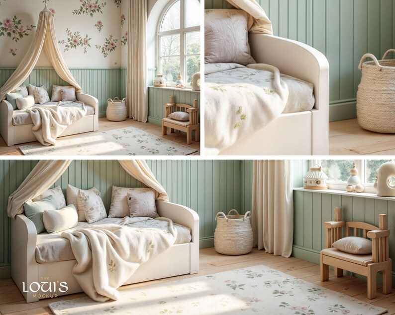 May include: A white daybed with a canopy and a white blanket. The daybed is in a room with green walls and a floral patterned rug. There is a small wooden stool with a cushion in the room.