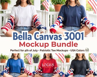 Bella Canvas 3001 Patriotic Mockup Bundle | 4th of July Shirt Lifestyle JPG | Red White Blue USA Tee Mockups for Canva & Etsy POD