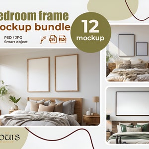 Bedroom Frame Mockup Bundle, 12 Wall Art Mockup Set, Modern Decor Bedroom Wooden Frame Mockup, Boho Interior Poster Mockup, Print Mockup