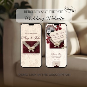 Burgundy Save The Date Canva Wedding Website With RSVP · Romantic Coquette · Fully Editable Digital Invitation