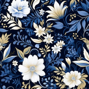 Navy & Ivory Floral Seamless Pattern: Elegant Botanical Digital Papers (PNG, 300DPI, Commercial Use).