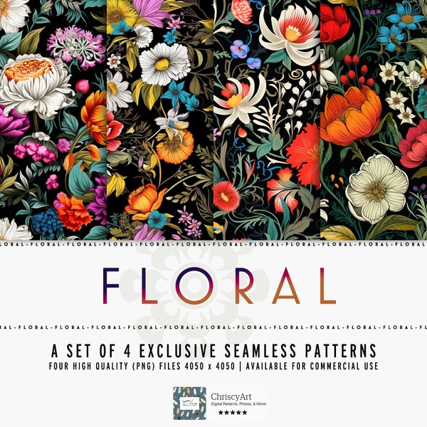Seamless Vintage Bohemian Floral Pattern - Intense Color Elegance - Set of 4 Digital Files - Scrapbook Papers - Printable Paper - Floral.