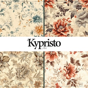 Bundel vintage beige naadloze bloemmotief | 4 digitale png-documenten 300 dpi | Warme retro bloemen | Stof, tijdschriften, commercieel gebruik