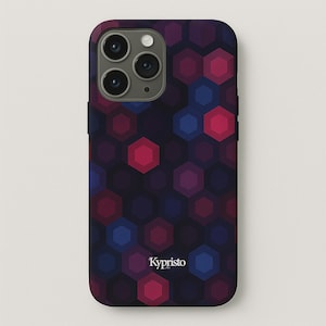 May include: A smartphone case featuring a geometric design of red, purple, and blue hexagons. The case has a dark background and the brand name "Kypristo" is printed at the bottom. The case is designed to fit a smartphone with a triple-lens camera.