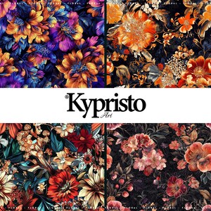 Barock-Blumen-Nahtlos-Muster-Bundle | 4 PNG Digitale Papiere 300DPI | Dunkle Dramatik Blumen | Stoff, Verpackung, Kommerzielle Nutzung