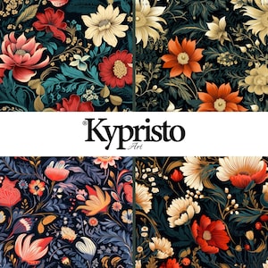 Vintage Floral Seamless Pattern Bundle: Dark Folk Flowers (PNG Digital Papers, Commercial Use.