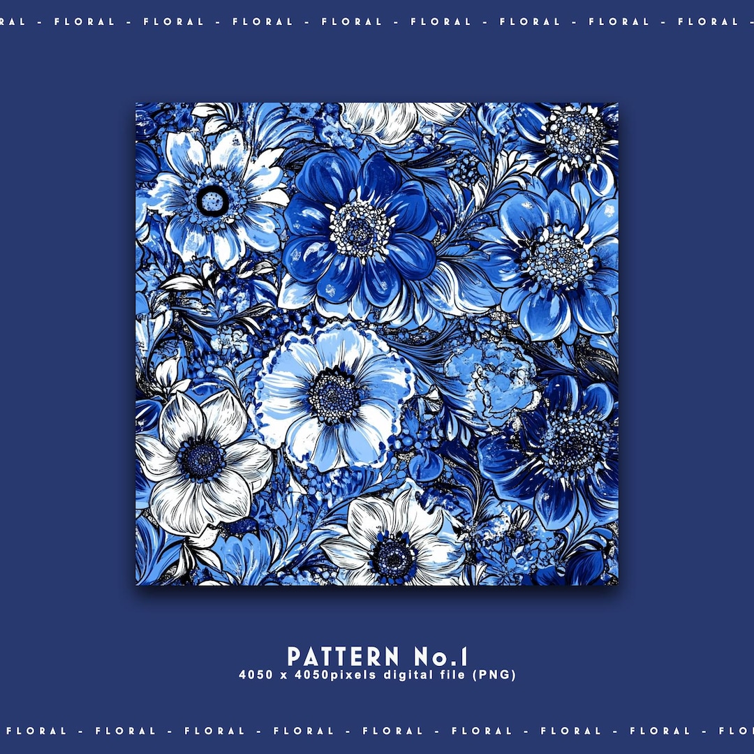 Aegean Blue Floral Seamless Pattern: Commercial Use (PNG Digital Papers ...
