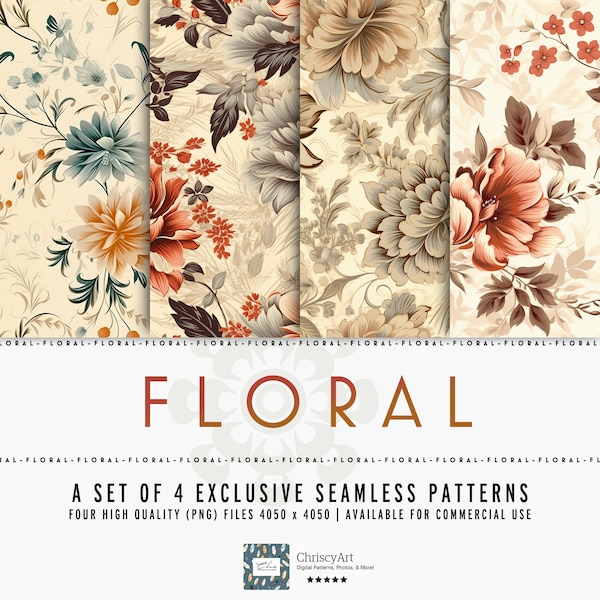 Seamless Vintage Bohemian Floral Pattern - Faded Sepia Elegance Set of 4 Patterns - Digital Papers - Creative Use - Digital Pattern