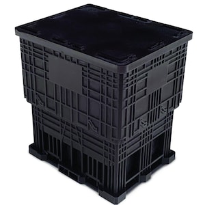 May include: A black, stackable storage container with a matching lid. The container has a grid-like pattern and is made of durable plastic. The lid fits securely on top, and the container is designed for efficient storage and organization.