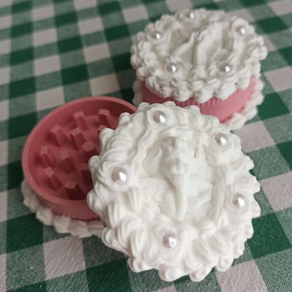 Cutie Angel Cake Pink Wreath Herb Grinder, Cherub Charm Cute Fake Cake