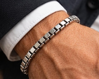 Pulsera de cadena tipo caja para hombre, plata de ley 925 – Pulsera de cadena veneciana para hombre, 5 mm, hecha a mano en Italia.