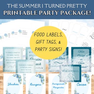 May include: A printable party package with food labels, gift tags, and party signs. The signs include text such as "Slushies", "Burgers", and "Team Conrad or Team Jeremiah?" The design features blue watercolor and floral accents.