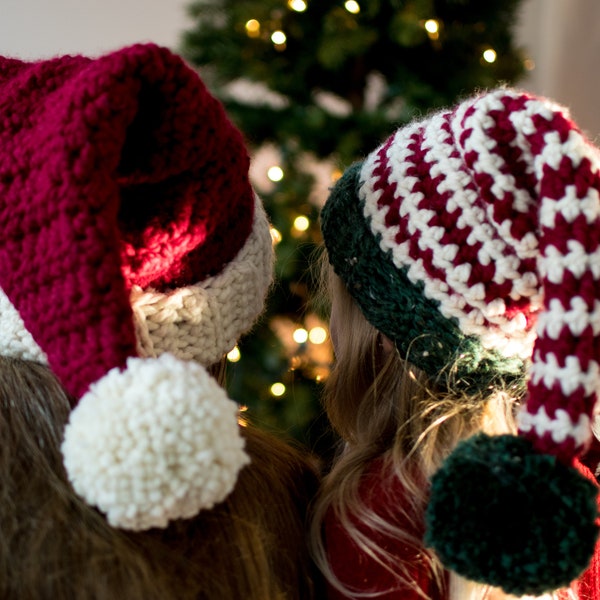 Modello di cappello natalizio all'uncinetto per cappello da elfo di Babbo Natale, dimensioni per adulti e bambini, download pdf facile e veloce