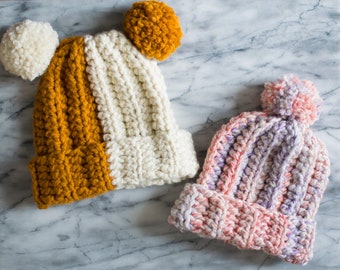 Crochet Ribbed Hat Pattern / color blocked beanie, chunky yarn, step by step photos and detailed instruction, child and adult sizes PDF