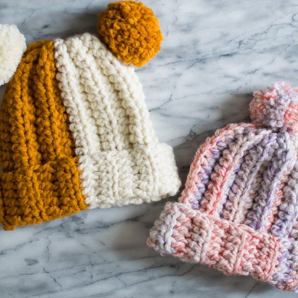 Crochet Ribbed Hat Pattern / color blocked beanie, chunky yarn, step by step photos and detailed instruction, child and adult sizes PDF