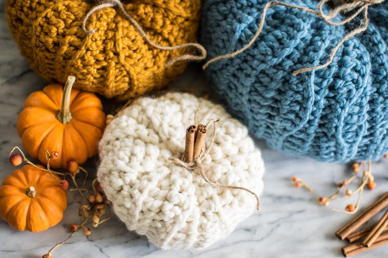 May include: Three crocheted pumpkins in different colors: mustard yellow, white, and blue. The pumpkins are decorated with cinnamon sticks and twine.